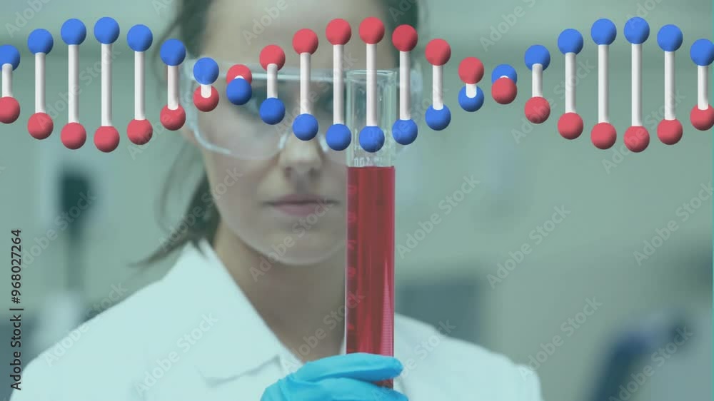 Sticker animation of dna strand over caucasian female scientist holding test tube