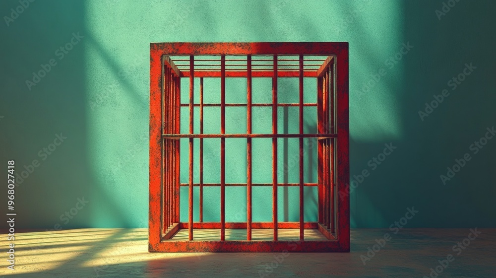 Canvas Prints A red prison cell with bars and a window