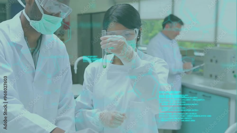 Aufkleber animation of data processing over diverse scientists holding test tube