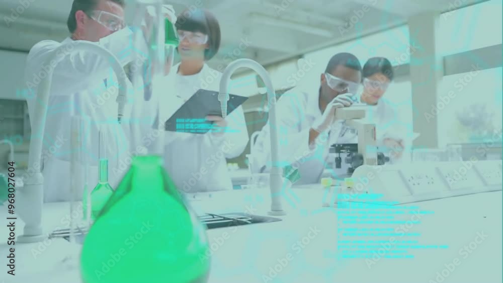 Poster animation of data processing over diverse scientists doing experiments