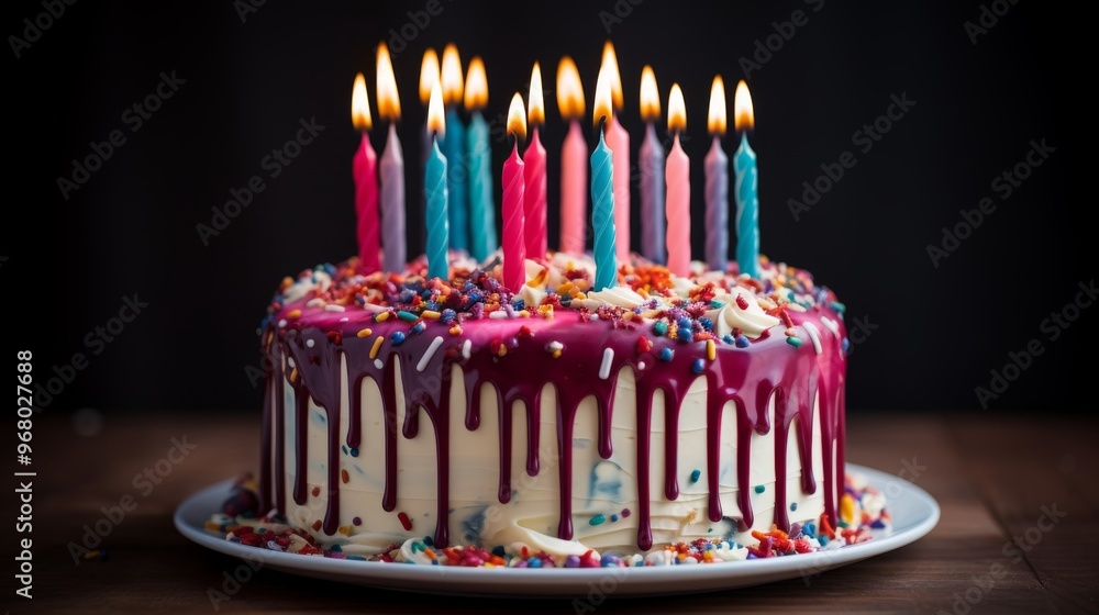 Poster Vibrant birthday cake with colorful drip icing and lit candles, festive dessert for celebrations, close-up of sweet treat ideal for party themes, birthdays, and special occasions


