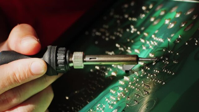 Soldering iron repair of Radio parts of the old amplifier, vintage transistors and chips, hi-fi vintage audio player close up.
