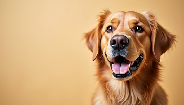 Portrait of a golden retriever dog isolated on brown background with copy space, pet animal character concept