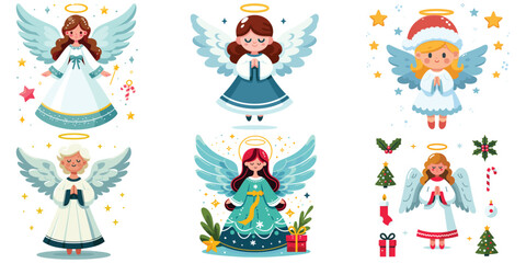 Fototapeta premium Cute Christmas angels in festive backgrounds, vector illustration, holiday greeting cards