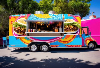 colorful food truck featuring variety delicious meals from different cuisines inviting presentation, vibrant, colors, street, vendor, gourmet, snacks