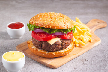Homemade delicious hamburger with beef, onion, tomato, lettuce and cheese. Fresh burger close up on...