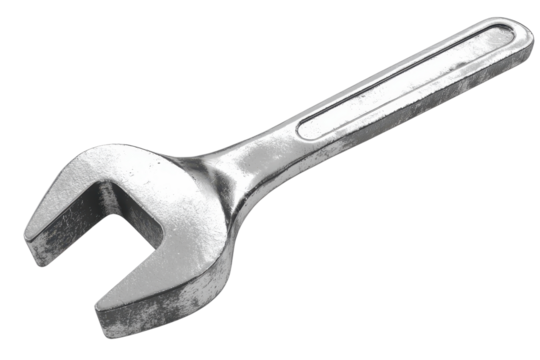 A close-up image of a metallic open-end wrench isolated on a transparent background. highlighting its practical use in mechanical tasks.