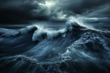Dramatic Stormy Ocean Waves and Swirling Clouds In Moody Landscape