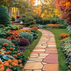 Obraz premium A picturesque garden adorned with autumn leaves and natural elements in Burnt Orange, Olive Green, and Rust Red, offering a cozy and peaceful fall setting.