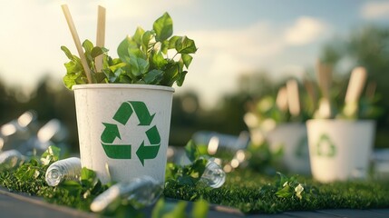 A corporate event with banners promoting sustainability, while the event itself produces vast waste, eco-event irony, greenwashing, environmental hypocrisy