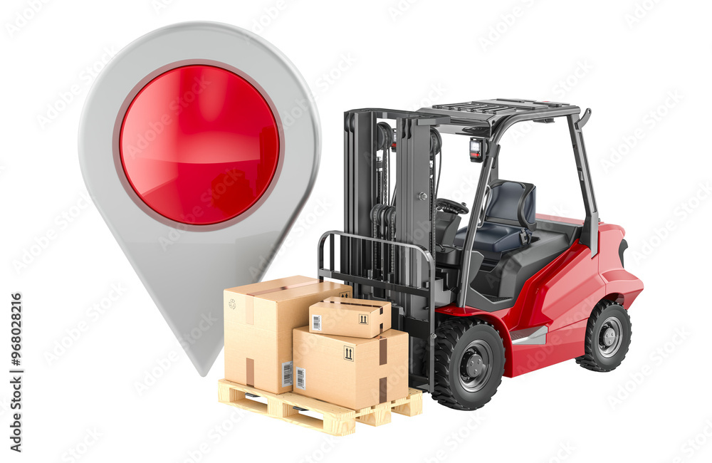 Poster forklift truck with parcels, cardboard boxes and map pointer. 3d rendering isolated on transparent b