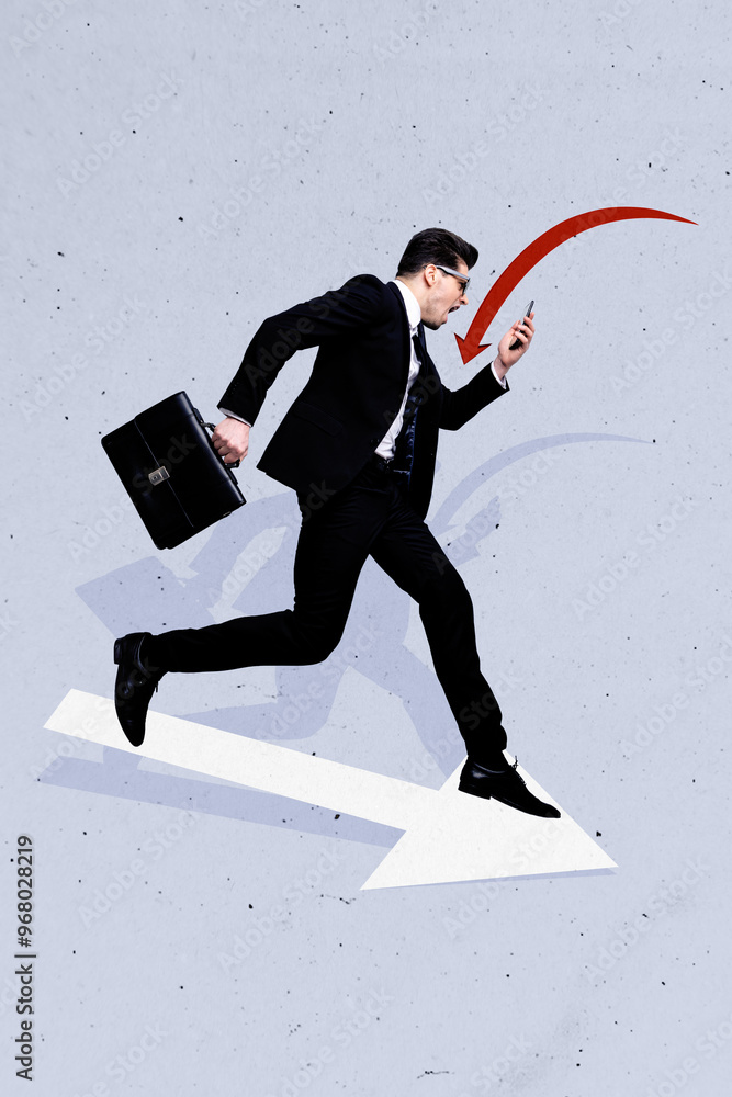 Poster creative collage poster image of running businessman use cell smart gadget with reduce graphs on blu