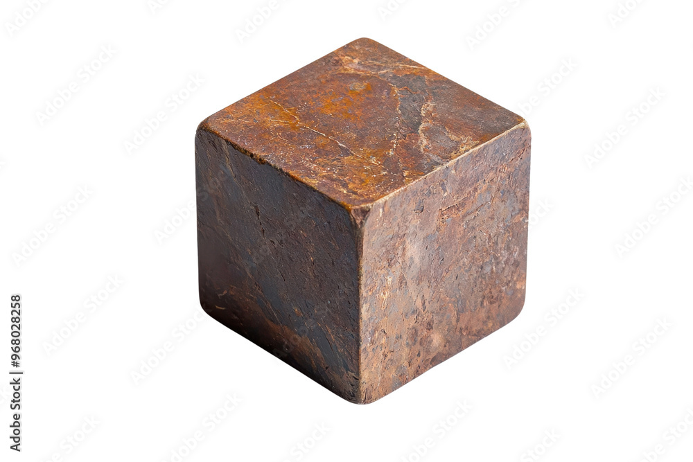 Poster a high-resolution image of a rusty metallic cube, showcasing texture and color variations, perfect f