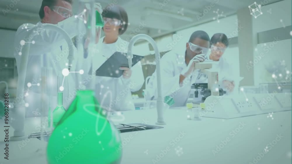 Poster animation of molecules over diverse scientists doing experiments