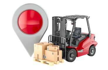 Forklift truck with parcels, cardboard boxes and map pointer. 3D rendering isolated on transparent background