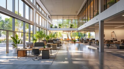 Modern Sustainable Office Building with Energy Efficient Systems and Green Interior Design