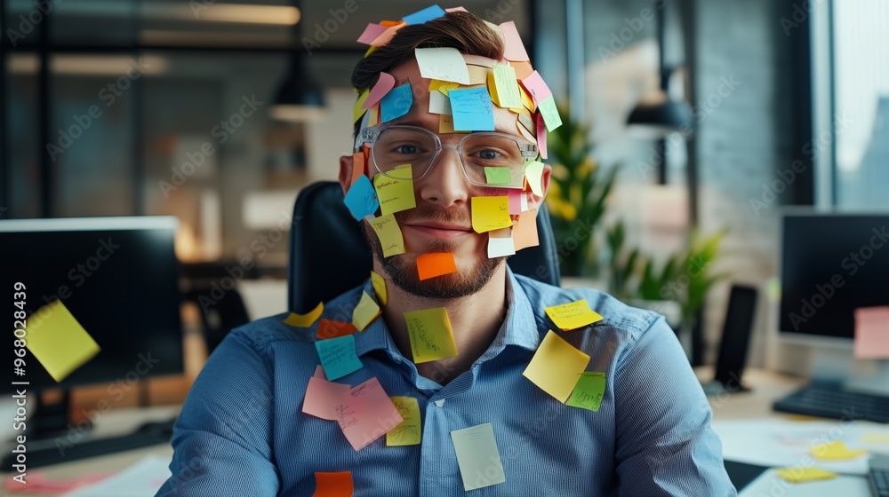 Poster a man covered in colorful sticky notes smiling while seated at a desk in a modern office during the 