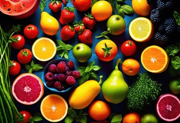 vibrant close fresh colorful ingredients displayed creatively bright arrangement, vegetables, fruits, herbs, peppers, tomatoes, onions, garlic, radishes