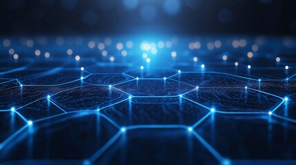 Obraz premium Abstract neon hexagonal grid with a glowing blue center, symbolizing blockchain technology and digital connectivity