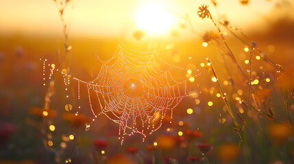 Stunning Macro Shot of a Dew-Covered Spider Web in a Meadow at Dawn with Droplets Glistening Like Pearls in Soft Light