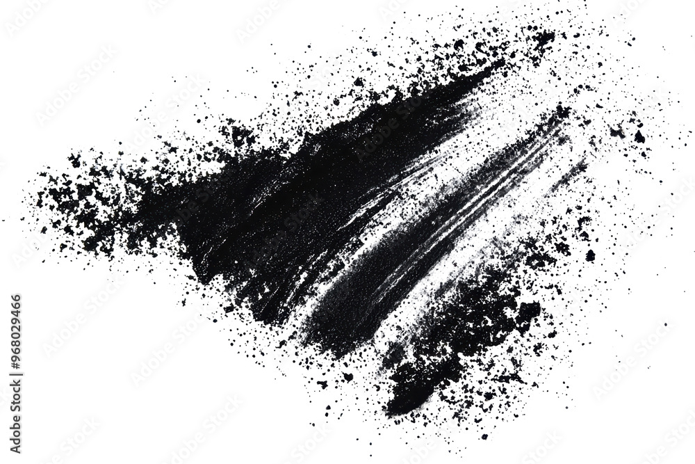 Poster abstract black paint texture on transparent background. artistic brush stroke with splatters, perfec