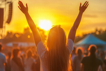 Back view of girl with raised arms, enjoying live music at sunset beach festival.