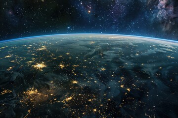 Obraz premium Stunning view of Earth from space, showcasing illuminated city lights against the backdrop of a starry sky, emphasizing global connectivity.