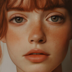 Naklejka premium Close-Up Portrait of a Freckled Young Woman with Red Hair and Soft Expression