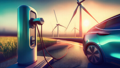turbine on the road with electric car charging