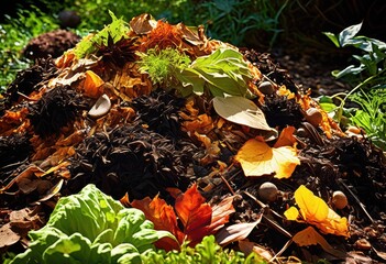 vibrant active compost pile illustrating organic waste transformation through layered microbial rich earthy colors, materials, activity, nature, garden, soil