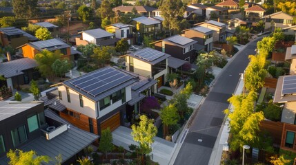 Obraz premium Eco-Friendly Residential Community with Solar Panels and Sustainable Landscaping