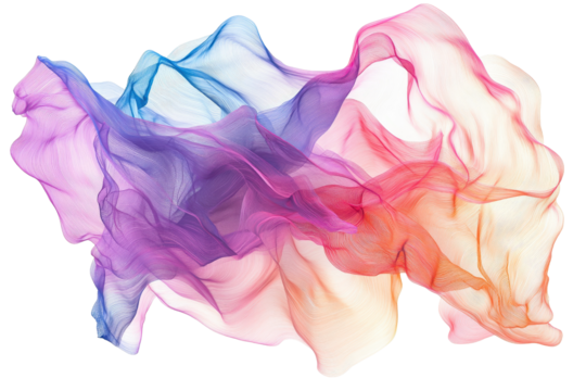 Abstract multicolored smoke-like wisps on transparent background. forming a flowing, ethereal pattern. Vivid hues of blue, purple, and orange blend seamlessly.
