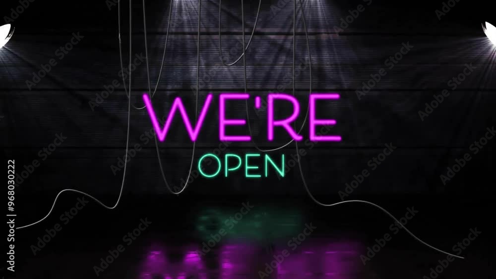Poster animation of neon we're open text over cables