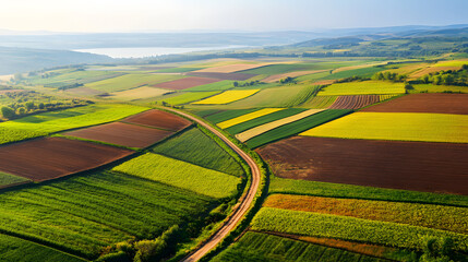Fototapeta premium Aerial View of a Colorful Patchwork of Agricultural Fields in Early Spring with a Dirt Road Winding Through