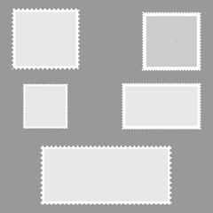 Postcard stamp frames. Blank postage stamps, empty postmark and square mark frame border vector set. Mark mail letter stamps design. Postal frame sticker. Vector illustration. Eps file 44.