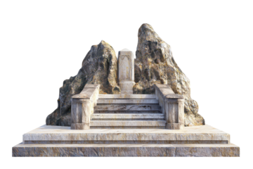 Ancient stone monument with stairs leading to elevated platform, surrounded by rugged rocky formations. Isolated on transparent background.