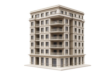 Architectural rendering of a modern multi-story apartment building with balconies depicted in a detailed three-dimensional illustration.