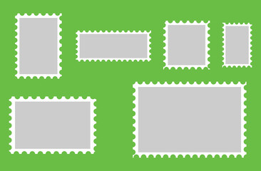 Blank post stamp set. Empty postage stamp. Vintage frames isolated on green background. Blank postage stamp vector illustration. Design template. Eps file 45.