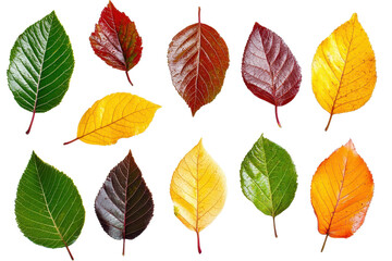 Obraz premium Assortment of colorful autumn leaves isolated on transparent background. Vibrant fall foliage in various shades of red, yellow, orange, and green.