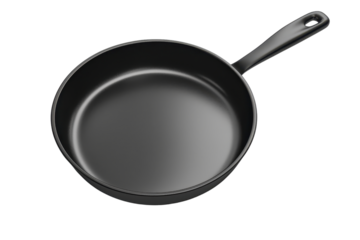 Black non-stick frying pan with a handle on a transparent background. perfect for cooking and kitchen-themed projects.