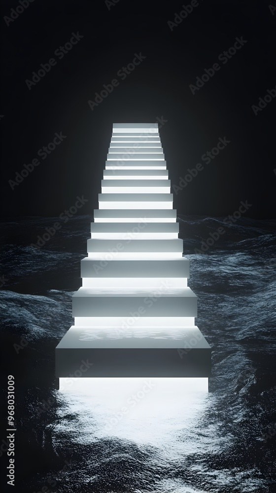 Poster a conceptual image of a modern,sleek staircase leading into a dark,mysterious space,its steps illumi