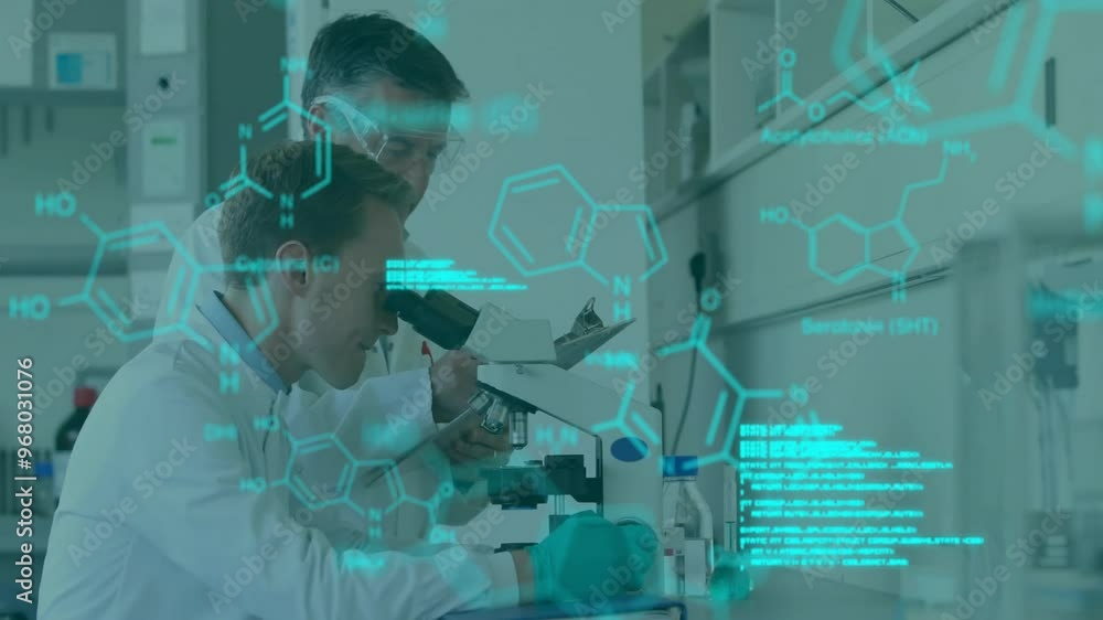 Poster animation of data processing and chemical formula over caucasian male scientists doing experiment