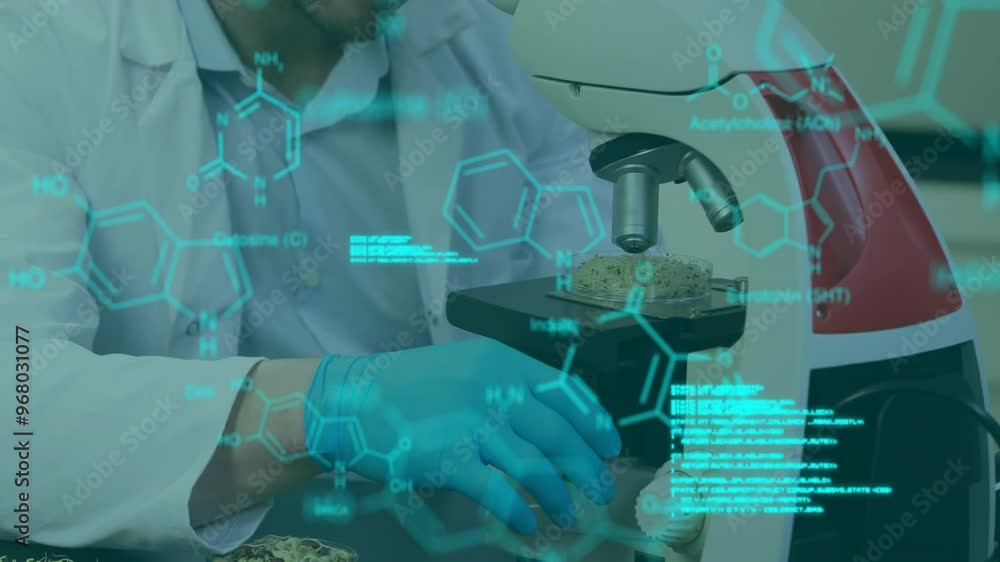 Poster animation of data processing and chemical formula over caucasian male scientist doing experiment