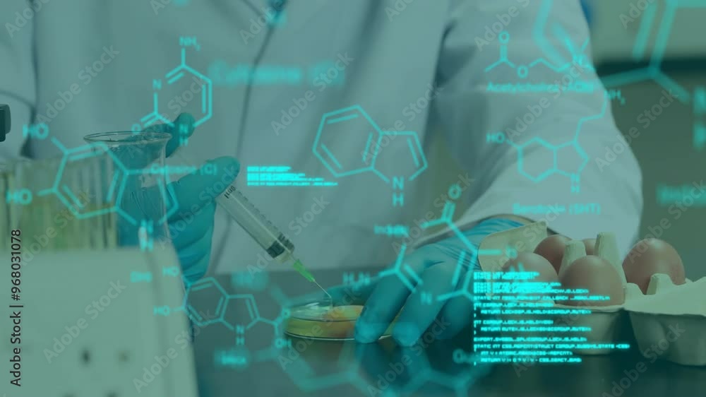Poster animation of data processing and chemical formula over caucasian scientist doing experiment