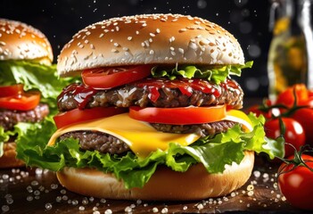 vibrant close fresh ingredients assembled delicious showcasing juicy crisp ripe melty cheese, burger, patties, lettuce, tomatoes, mouthwatering, gourmet