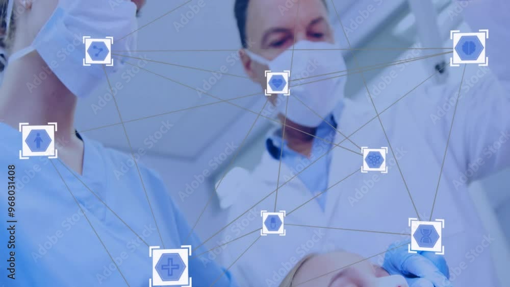 Poster animation of network of connections with icons over caucasian doctors in operating room