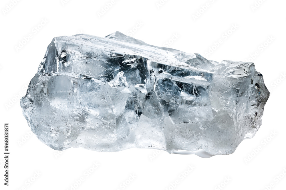 Poster close-up of a clear ice cube with intricate details and textures, isolated on a transparent backgrou