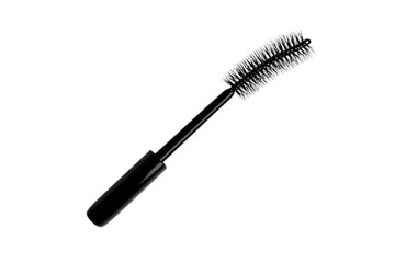 Close-up of a black mascara wand with curved bristles for applying makeup, isolated on a transparent background. Beauty and cosmetics concept.