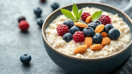 Creamy Oatmeal Bowl with Fresh Berries, Almonds, and Mint Leaves, a Nutritious Breakfast Option