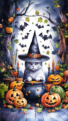 Halloween cat, wearing a witch's hat surrounded by pumpkin bats, leaves, trees, vines, candles, cauldrons, wands,  white background,  watercolor illustration. 